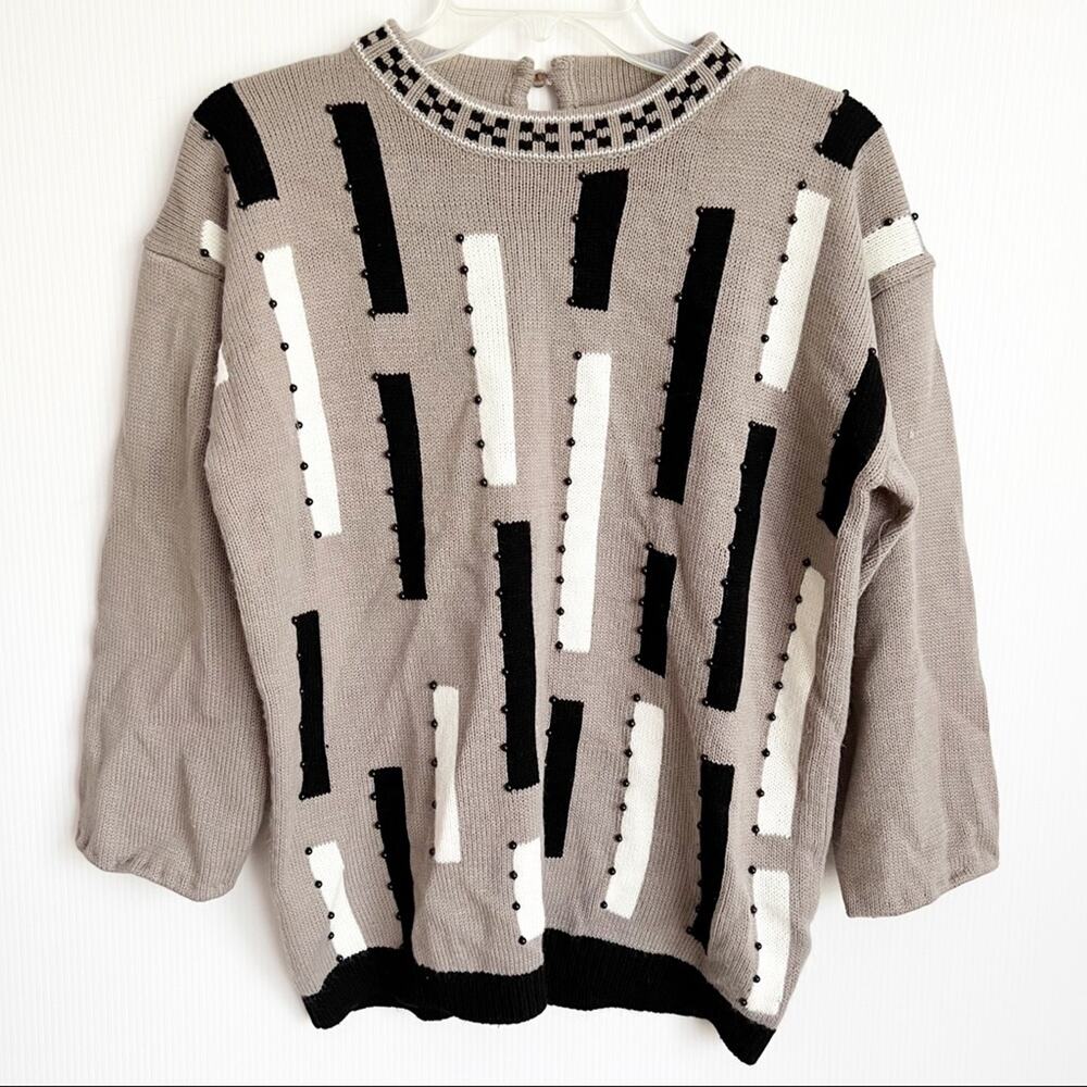 Vintage 80s Geometric Beaded Black White Gray Sweater